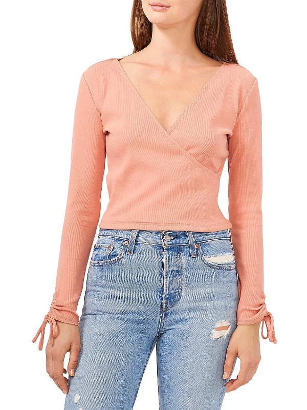 Womens Surplice Knit Blouse Cotton Casual Blouse