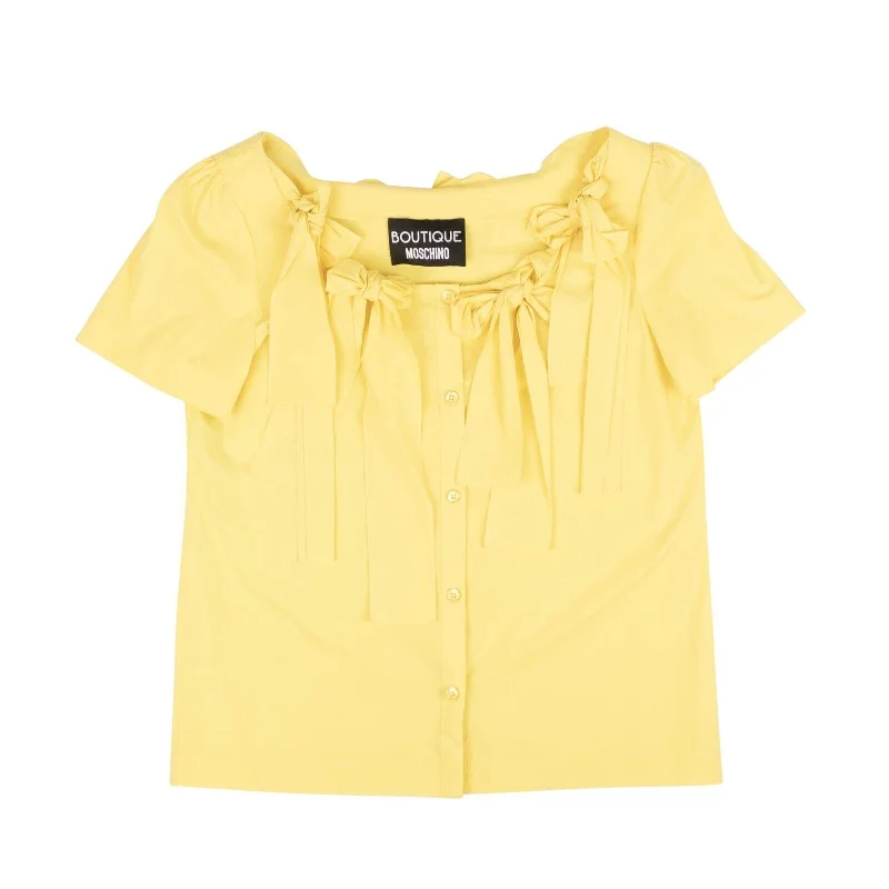 Yellow Bow Accented Show Sleeve Blouse Ruched Sleeve Blouse