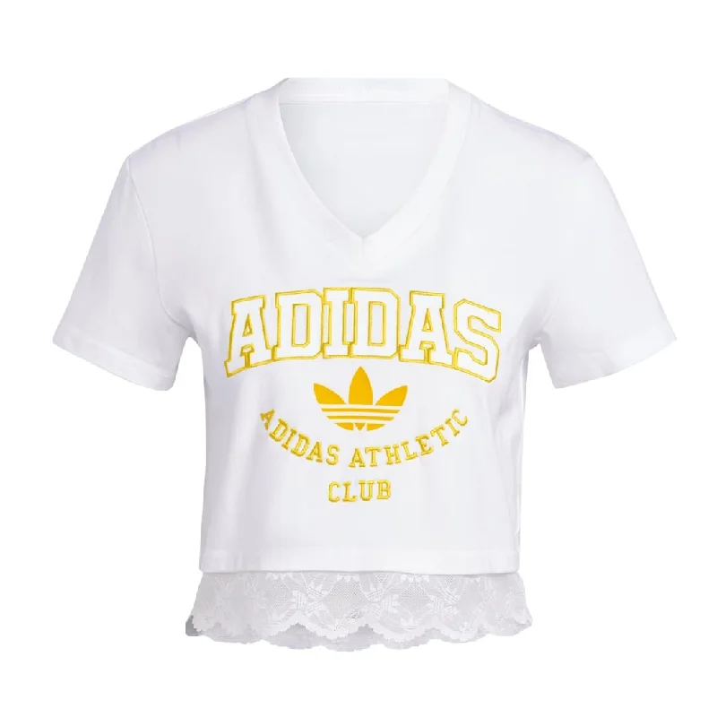 adidas - Women's Originals Cropped Lace Trim T-Shirt (II5608) Mesh Fabric Canvas Fabric Denim Fabric