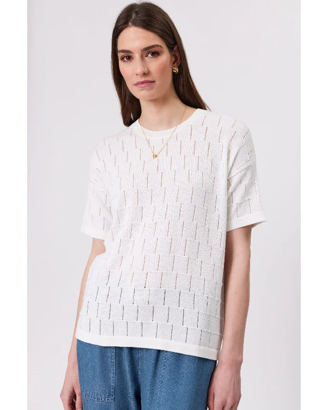 Marlow Grid Weave Knit Tee - Ivory Basic T-Shirt Crew Neck Short Sleeve