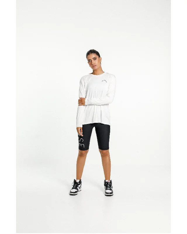 Rose Road Long Sleeve Tee - White with Rose Road Arch Print Hooded Caped Shawl Collar