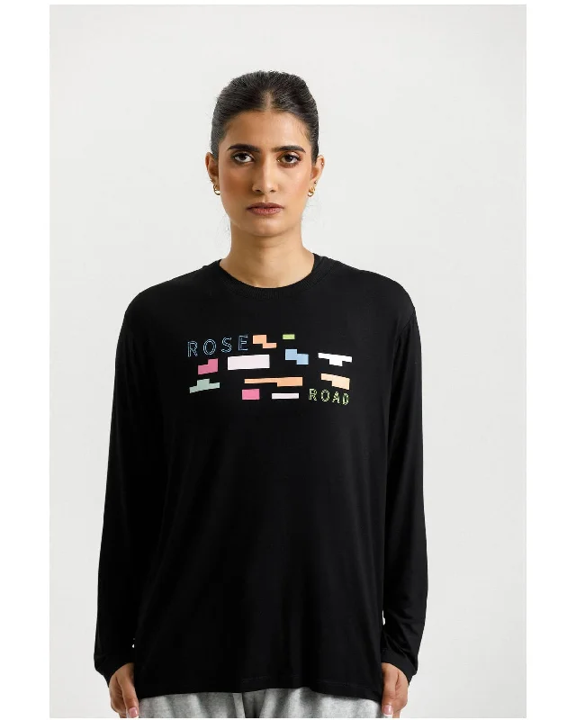 Rose Road Long Sleeve Topher Tee - Black with Meta Block Chaos Boxy Fit Fitted Loose
