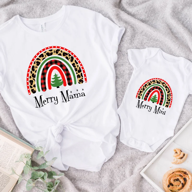 Merry Mama & Mini Christmas Rainbow Matching White T-Shirt & Bodysuit Jersey Fabric Tulle Fabric Batik Fabric Merry Mama & Mini Christmas Rainbow Matching White T-Shirt & Bodysuit Jersey Fabric Tulle Fabric Batik Fabric