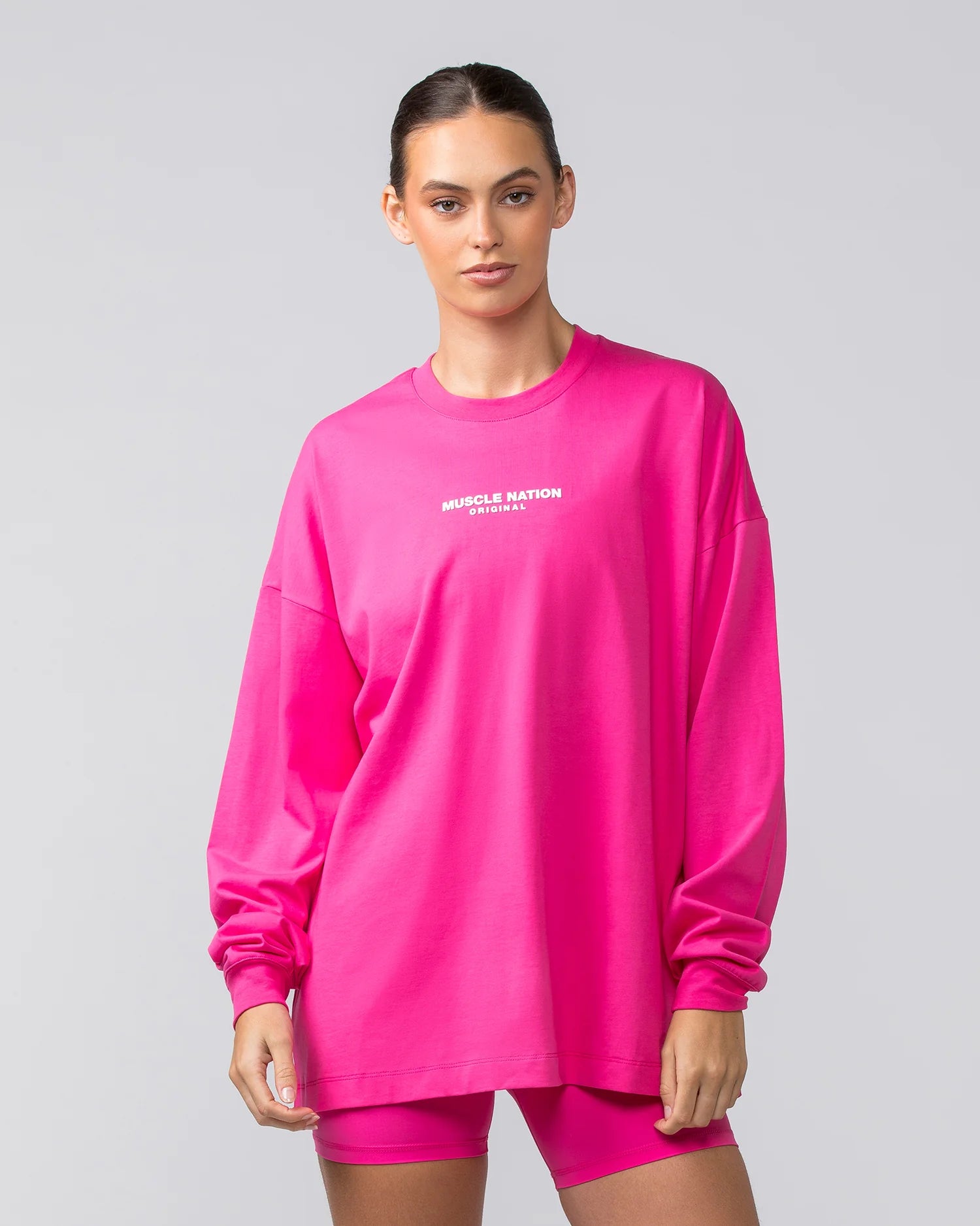 Muscle Nation | OG Oversized Long Sleeve Tee - Luminous Pink Ribbed Striped Patterned Muscle Nation | OG Oversized Long Sleeve Tee - Luminous Pink Ribbed Striped Patterned