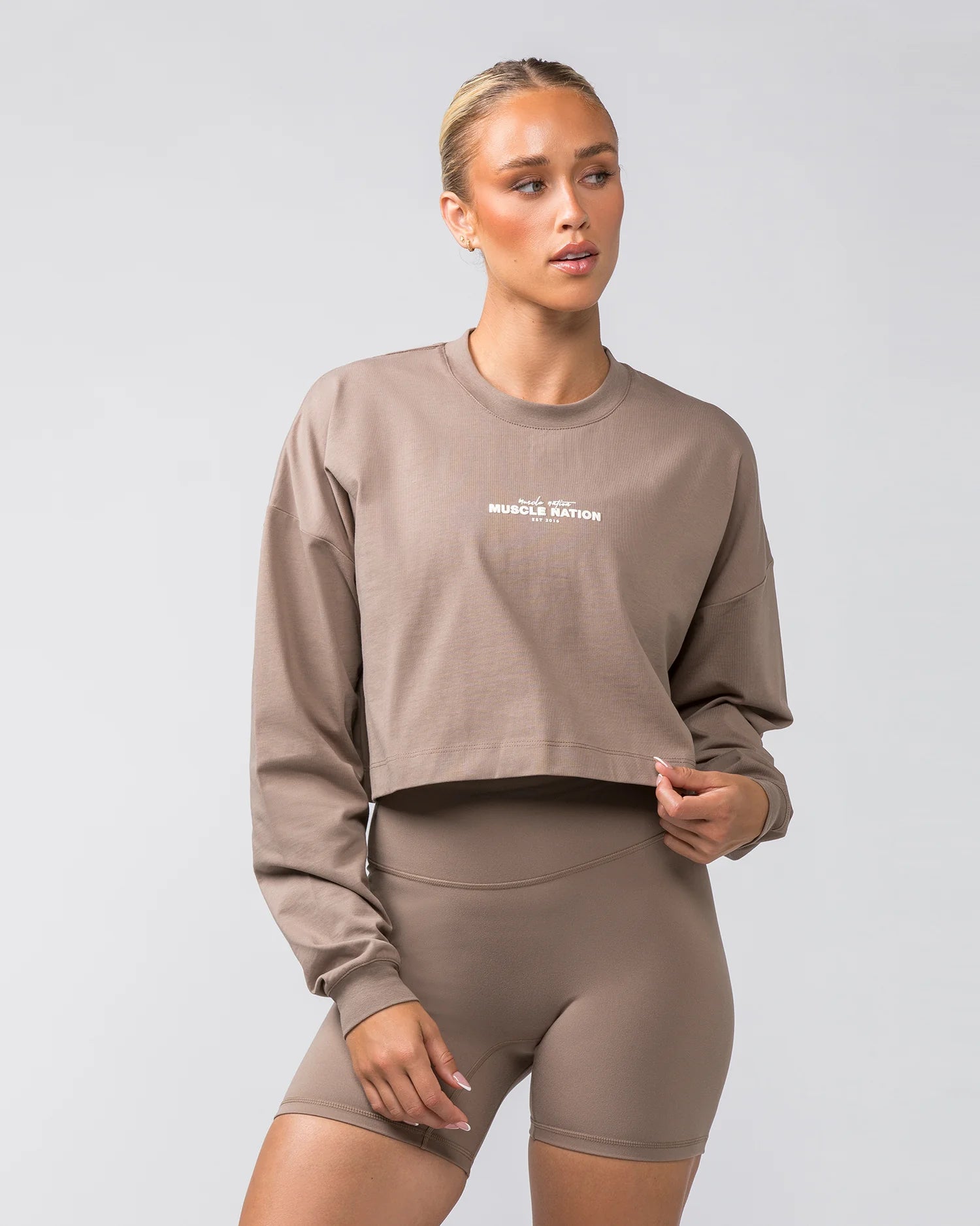 Muscle Nation | Pace Cropped Long Sleeve Tee - Mushroom Sequined Glittery Shiny