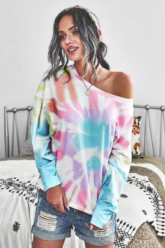 Tie-Dye Boat Neck Batwing Sleeve Tee Cotton Fabric Linen Fabric Terry Fabric