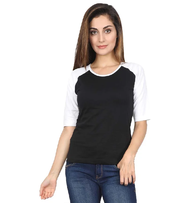 Plain White-Black Raglan Full Sleeves T-Shirt For Women Houndstooth Herringbone Solid Plain White-Black Raglan Full Sleeves T-Shirt For Women Houndstooth Herringbone Solid