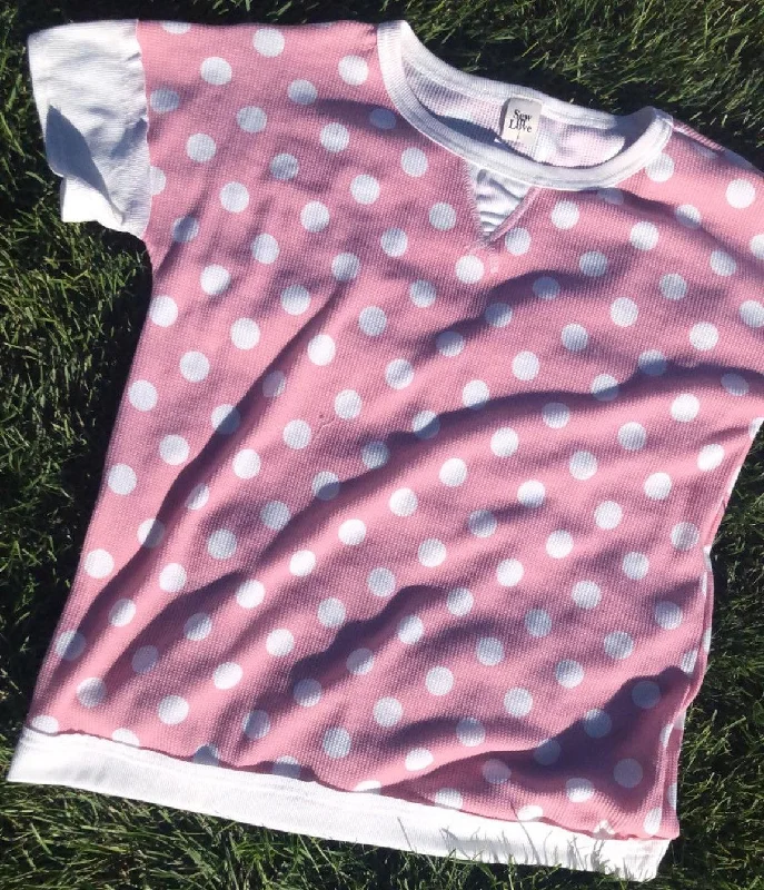 Pink and White Polka Dot Tee-Sew In Love Size Small Handmade Hand-knitted Hand-woven