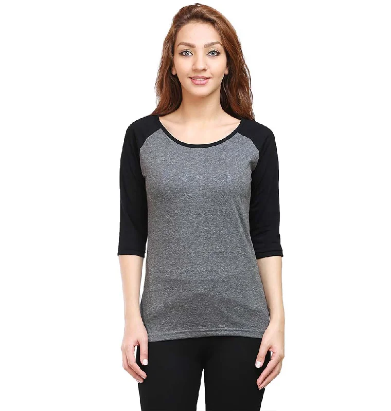 Plain Black-Charcoal Raglan Full Sleeves T-Shirt For Women Knit Fabric Woven Fabric Fleece Fabric Plain Black-Charcoal Raglan Full Sleeves T-Shirt For Women Knit Fabric Woven Fabric Fleece Fabric