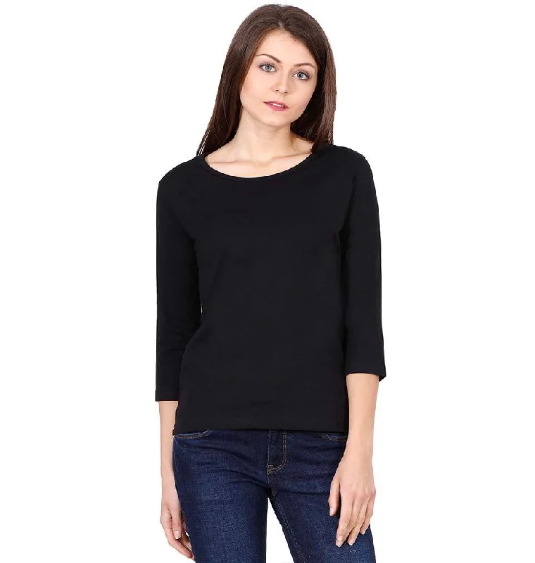 Plain Black Full Sleeves T-Shirt for Women Mesh Blend Leather Blend Suede Blend
