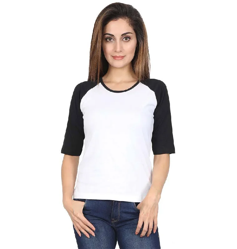 Plain Black-White Raglan Full Sleeves T-Shirt For Women Collared Crew Neck Turtle Neck Plain Black-White Raglan Full Sleeves T-Shirt For Women Collared Crew Neck Turtle Neck
