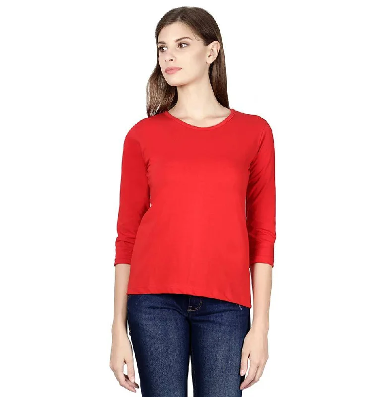Plain Red Full Sleeves T-Shirt for Women Ribbed Striped Patterned