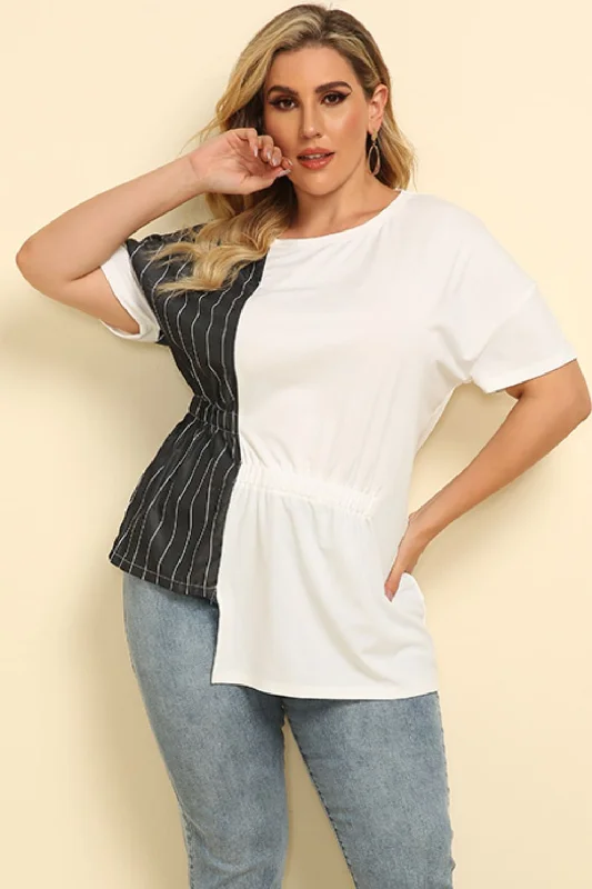 Plus Size Striped Color Block Asymmetrical T-Shirt Real Fur Shearling Chenille