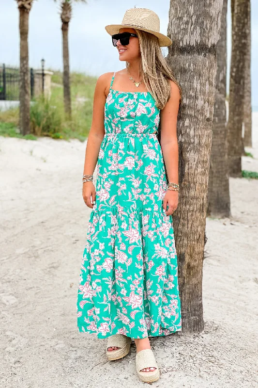 Z Supply: Dewi Pacific Floral Maxi Dress - Bermuda Green Trendy Short Sleeve Maxi Dress