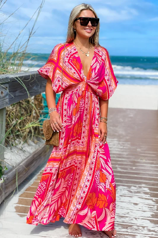 Dreaming of Paradise Tropical Print Empire Waist Maxi Dress - Orange/Fuchsia Casual Maxi Dress with Pockets