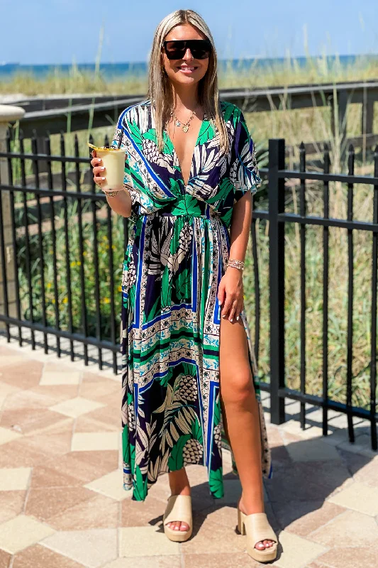 Dreaming of Paradise Tropical Print Empire Waist Maxi Dress- Navy/Green Comfortable Pleated Maxi Dress