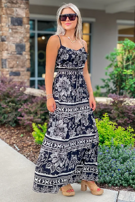 Tropical Evening Ruffle Maxi Dress - Black/White Elegant Tiered Maxi Dress