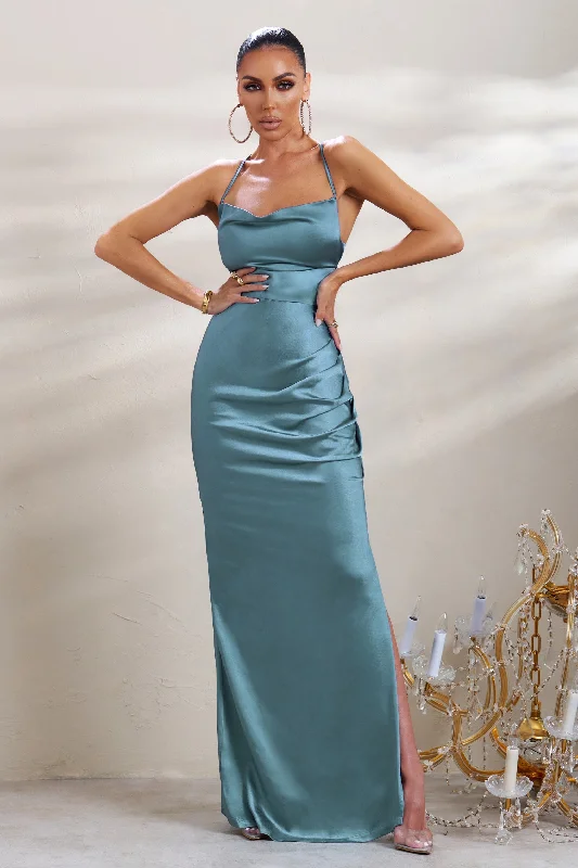 A-List | Blue Satin Cowl Maxi Dress With Thigh Split Classic Solid Maxi Dress