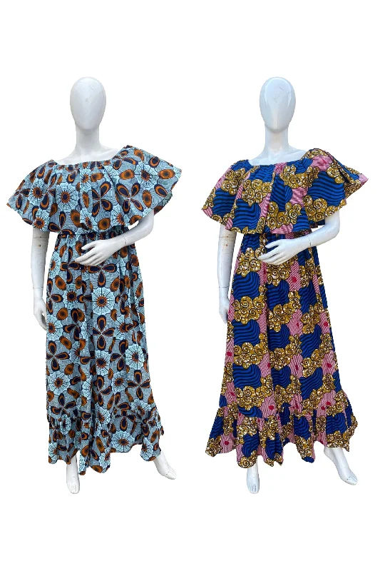 African Printed Fit and Flare Maxi Dress (Pack Of 2 Pieces) Trendy Short Sleeve Maxi Dress