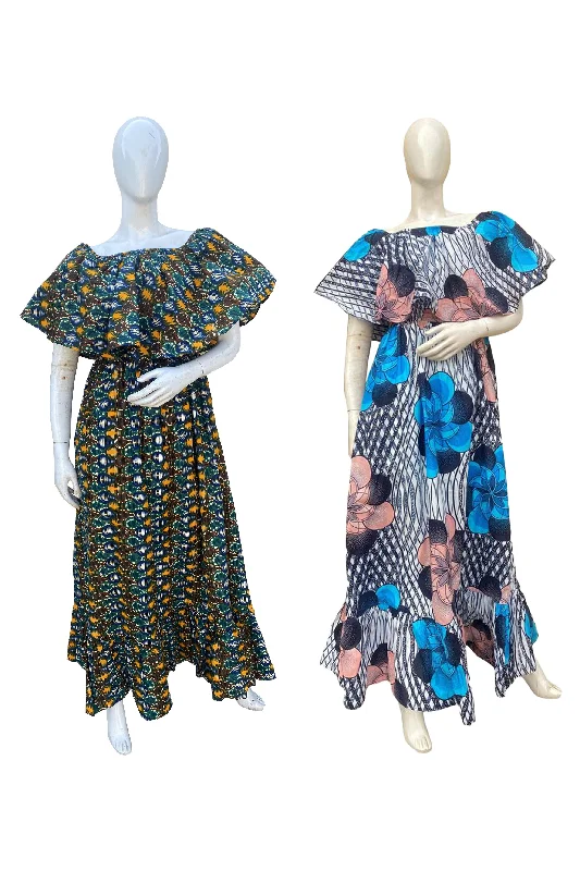 African Printed Fit and Flare Maxi Dress (Pack Of 2 Pieces) Trendy Satin Maxi Dress