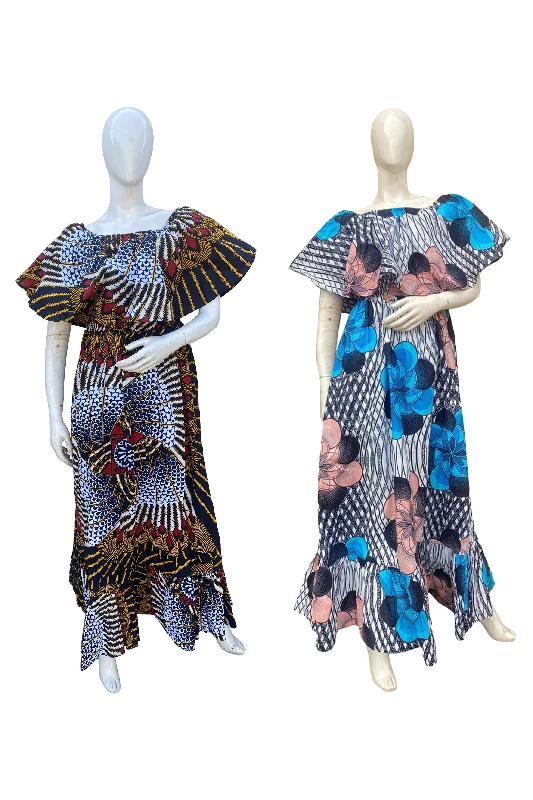 African Printed Fit and Flare Maxi Dress (Pack Of 2 Pieces) Stylish Maxi Dress with Frills