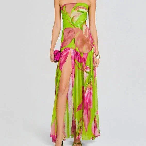 Alma Strapless Floral Printed Maxi Dress Fashionable High-Waist Maxi Dress