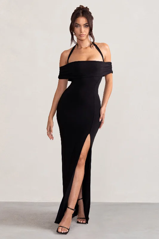 Anisa | Black Halter Neck Bardot Maxi Dress With Thigh Split Fashionable Button-Down Maxi Dress