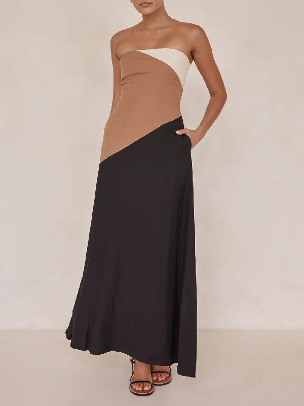 Asymmetrical Color-Blocked Stylish Maxi Dress Classic V-Neck Maxi Dress