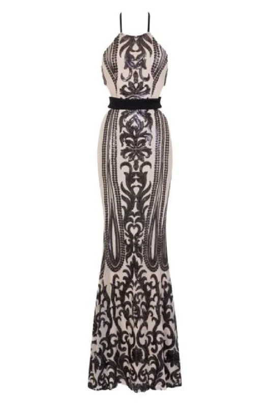 Ayisha Luxe Black Nude Victorian Sequin Illusion Exposed Maxi Dress Cozy Maxi Dress with Slit