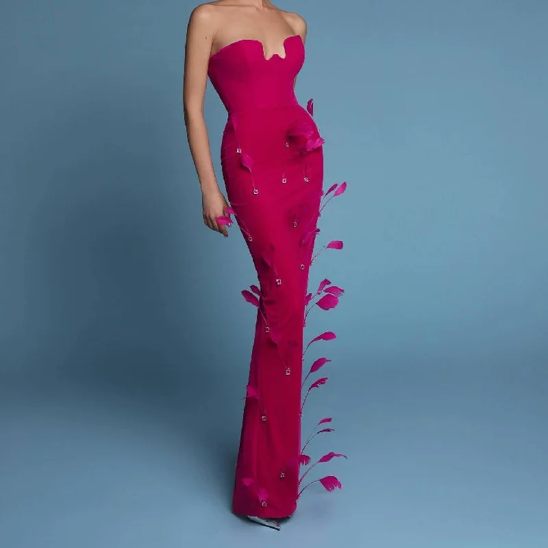 Bella Strapless Feather Crystal Maxi Dress Stylish Off-Shoulder Maxi Dress