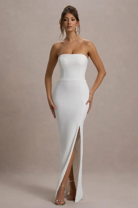 Belle of The Ball | White Bandeau Maxi Dress With Split Hem Comfortable Fitted Maxi Dress