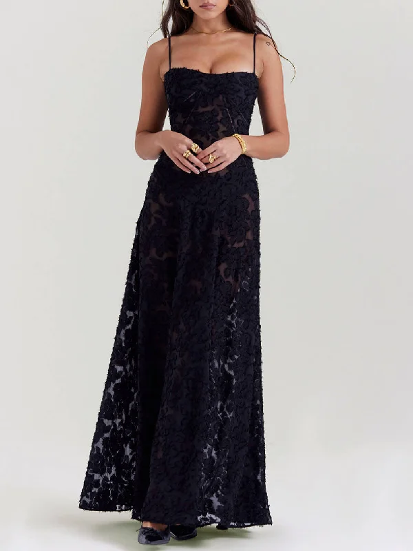 Black Floral Lace Charming Back Maxi Dress Classic Black Maxi Dress