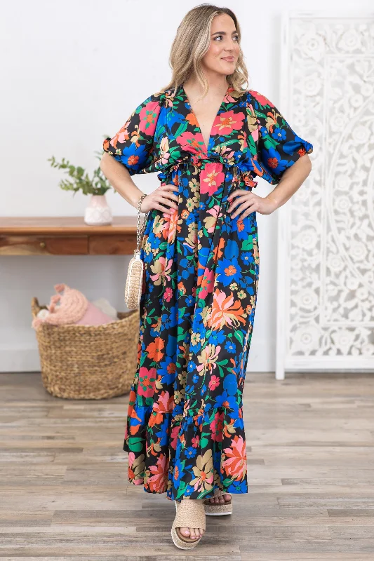 Black Floral Print V-Neck Maxi Dress Comfortable Pleated Maxi Dress