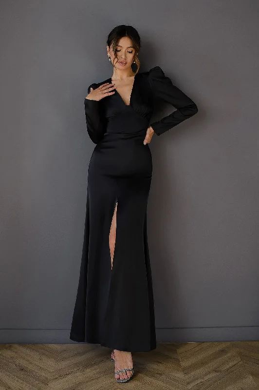 Black V-neck Puff Sleeve Maxi Dress Stylish Empire Waist Maxi Dress