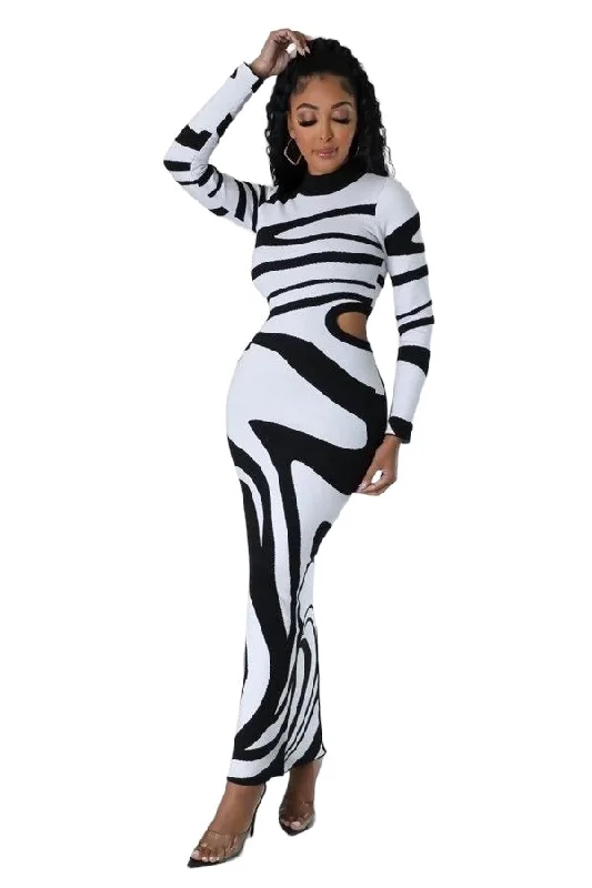 Black & White Knit Maxi Dress Comfortable Satin Maxi Dress