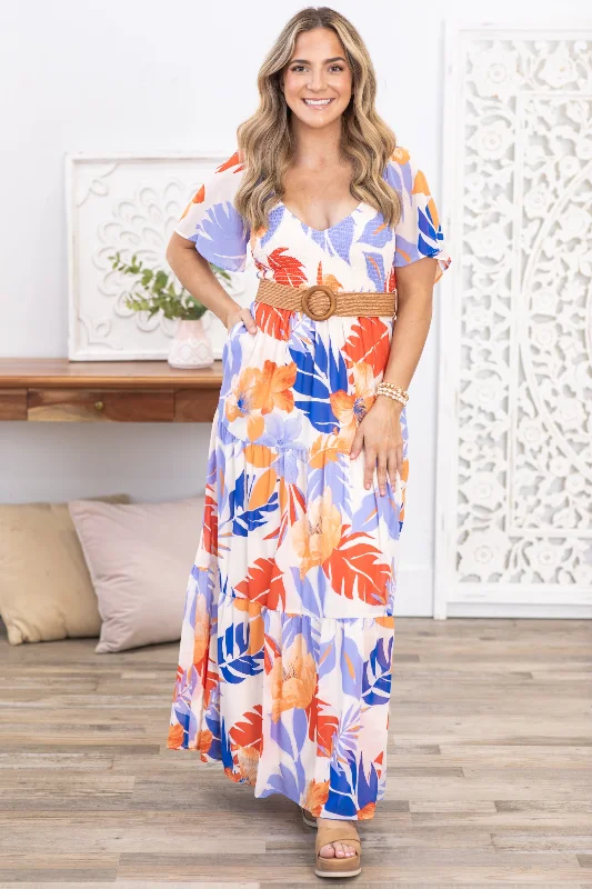 Blue and Orange Palm Tree Print Maxi Dress Trendy Short Sleeve Maxi Dress