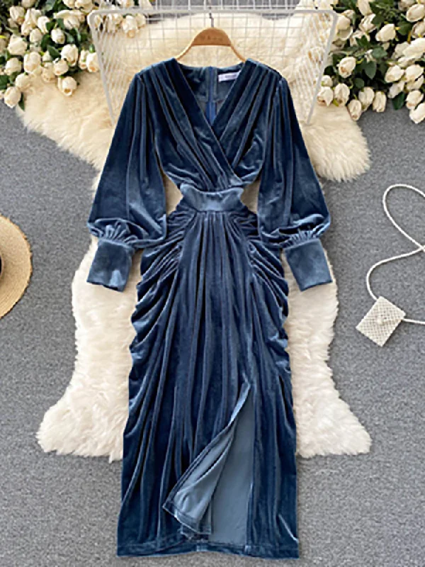 Blue V-Neck Lantern Sleeve High Waist Maxi Dress Elegant Maxi Dress with Drapes