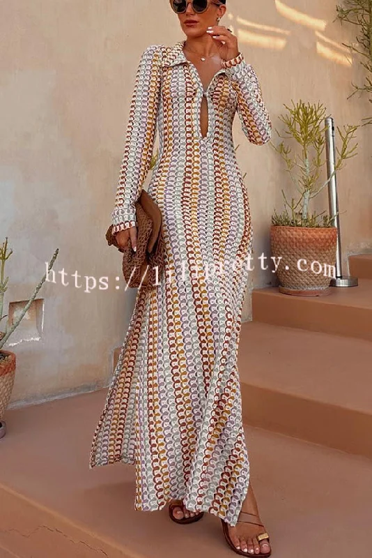 Lilipretty® Bondi Beach Knit Colorful Wave Print Long Sleeve Vacation Maxi Dress Fashionable Button-Down Maxi Dress