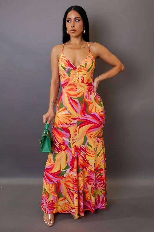 Caia Sunset Tropical Maxi Dress Yellow Cozy Ruffle Sleeve Maxi Dress
