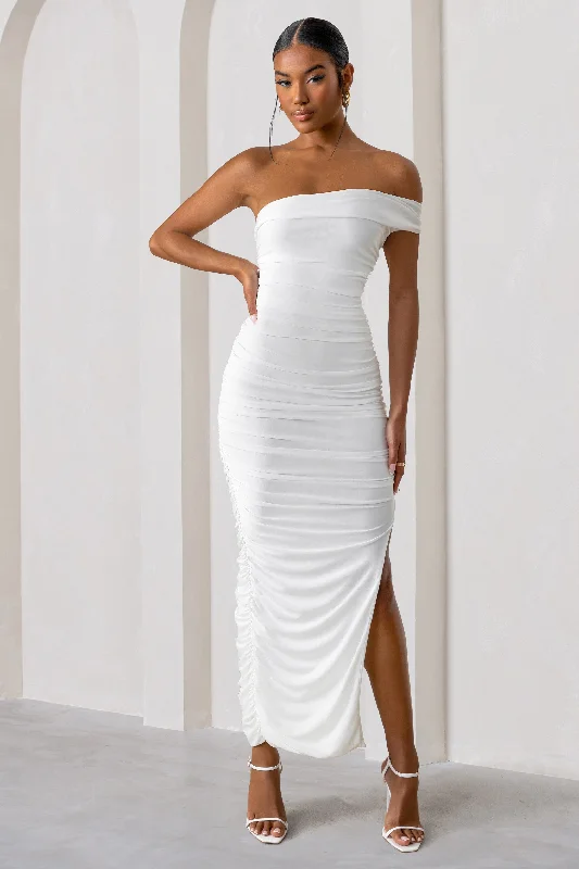 Celine | White Asymmetric One Shoulder Ruched Maxi Dress With Curved Cut Out Elegant Wraparound Maxi Dress