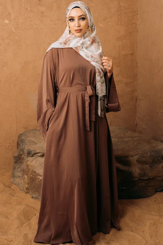 Coffee Kimono Sleeve Abaya Maxi Dress Stylish Pleated A-Line Maxi Dress