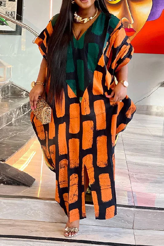 Color Block Graphic Print Relaxed V Neck Maxi Dress Comfortable Flowy Maxi Dress