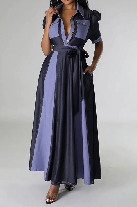 Color Block Patchwork Classic Belted Maxi Dress Fashionable Sleeveless Maxi Dress