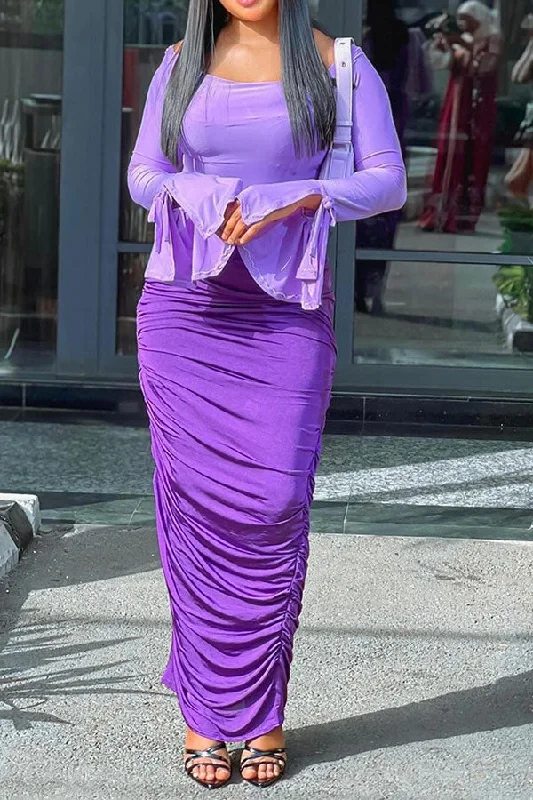 Color Block Trumpet Sleeve On-trend Ruched Maxi Dress Fashionable Maxi Dress with Fringe Color Block Trumpet Sleeve On-trend Ruched Maxi Dress Fashionable Maxi Dress with Fringe