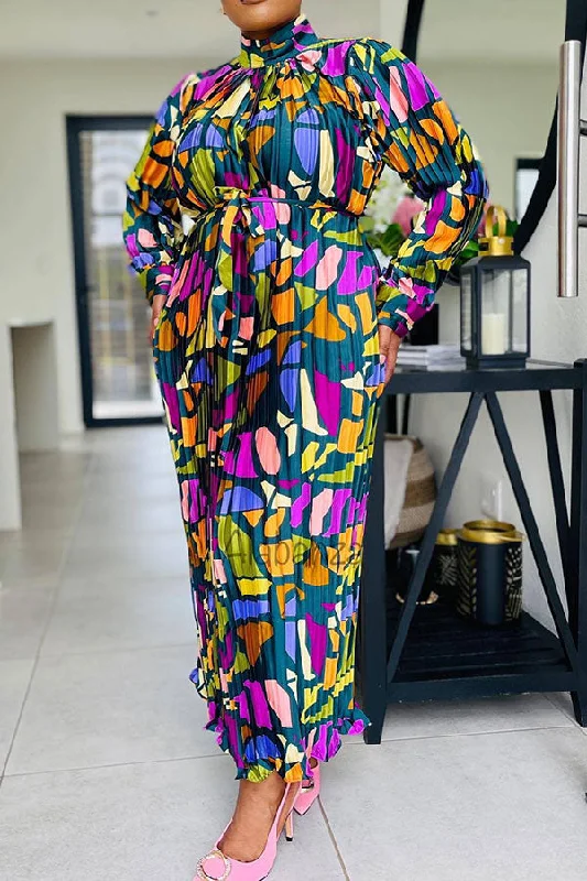 Colorful Graphic Print Lace-Up Pleated Maxi Dress Stylish Maxi Dress with Pleats