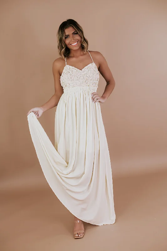 Crochet Lace Maxi Dress, Antique Champagne Comfortable Cotton Maxi Dress