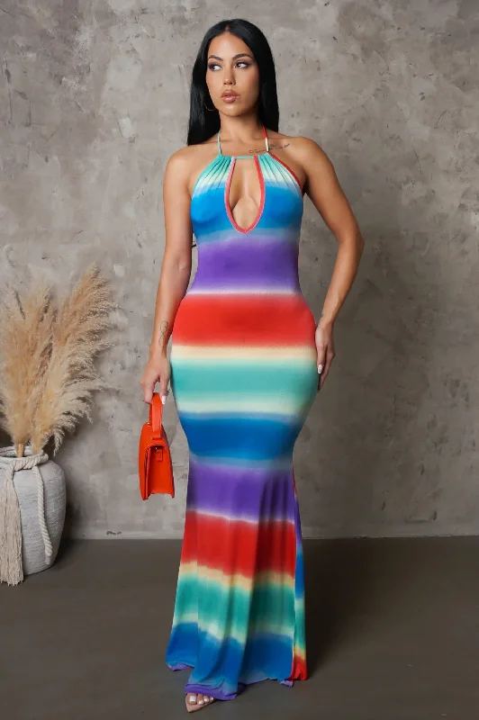 Cruel Summer Halter Tie Dye Maxi Dress Multicolor Fashionable Maxi Dress with Fringe
