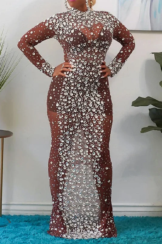 Crystal Glitter Sparkly See-Through Maxi Dress Trendy Satin Maxi Dress