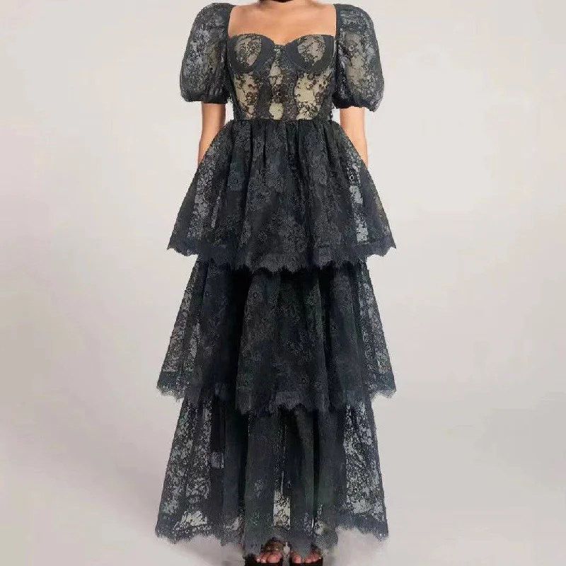 Delta Puff Sleeve Lacey Maxi Dress Comfortable Maxi Dress with Slits