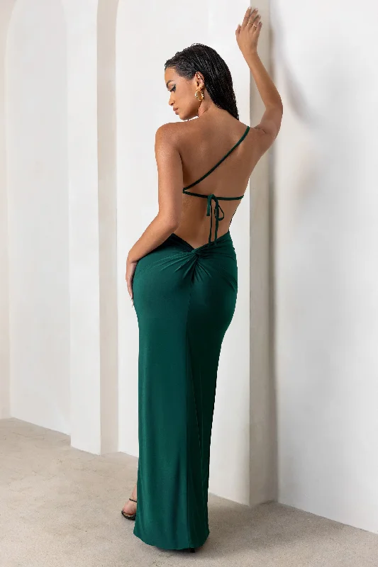 Dressing Up | Bottle Green One Shoulder Maxi Dress With Open Back Detail Stylish Maxi Dress with Pleats